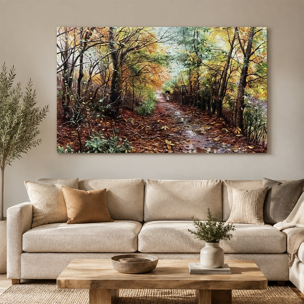 Leaf Strewn Woodland Path canvas wall art, styled room mockup 4.
