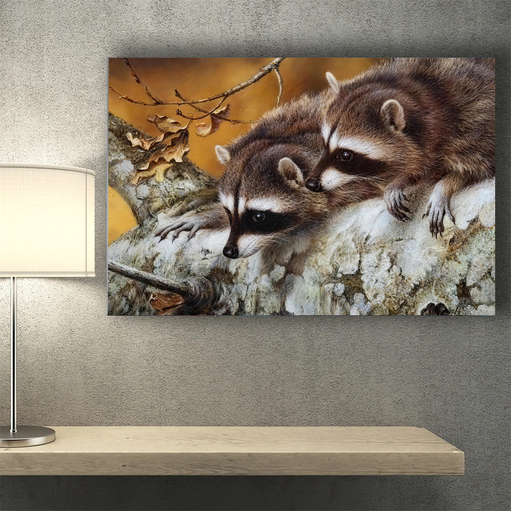 Raccoons on a Fallen Log canvas wall art, styled room mockup 2.