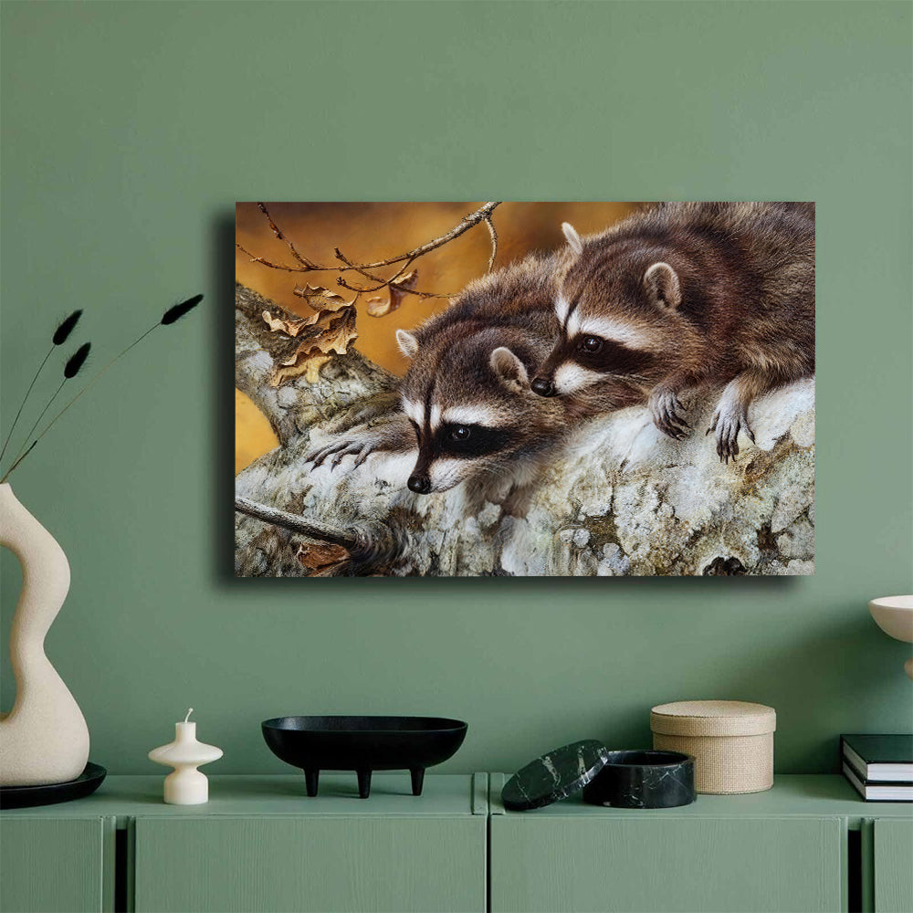Raccoons on a Fallen Log canvas wall art, styled room mockup 3.