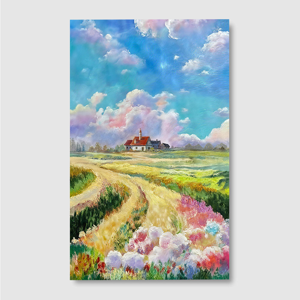 Flower Fields and a Distant Farm canvas wall art, front product mockup on a light background.