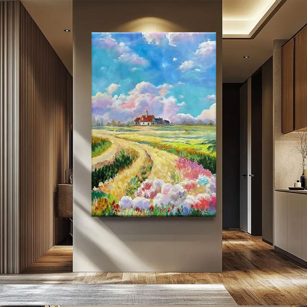 Flower Fields and a Distant Farm canvas wall art, styled room mockup 2.
