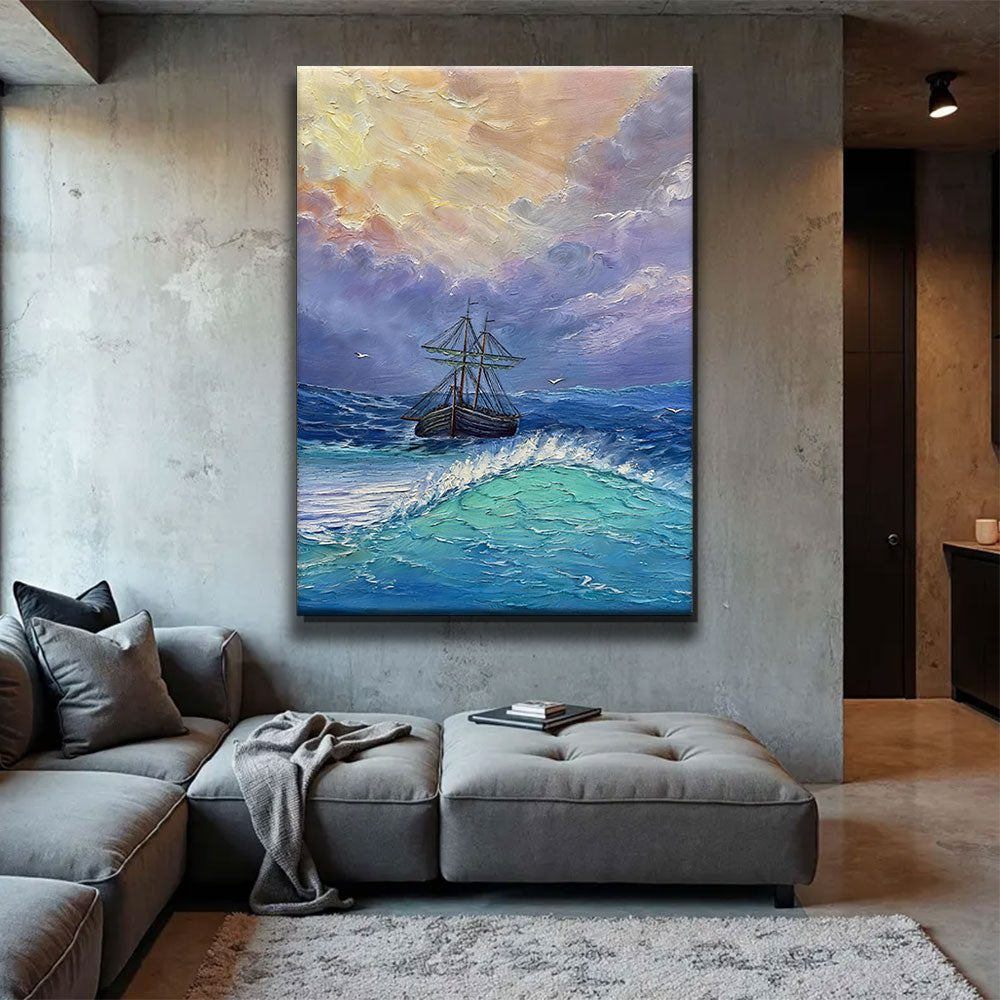 Sunbreak Over a Sailing Ship canvas wall art, styled room mockup 3.