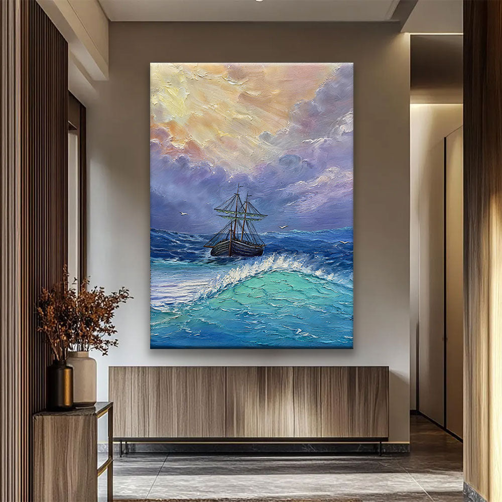 Sunbreak Over a Sailing Ship canvas wall art, styled room mockup 4.