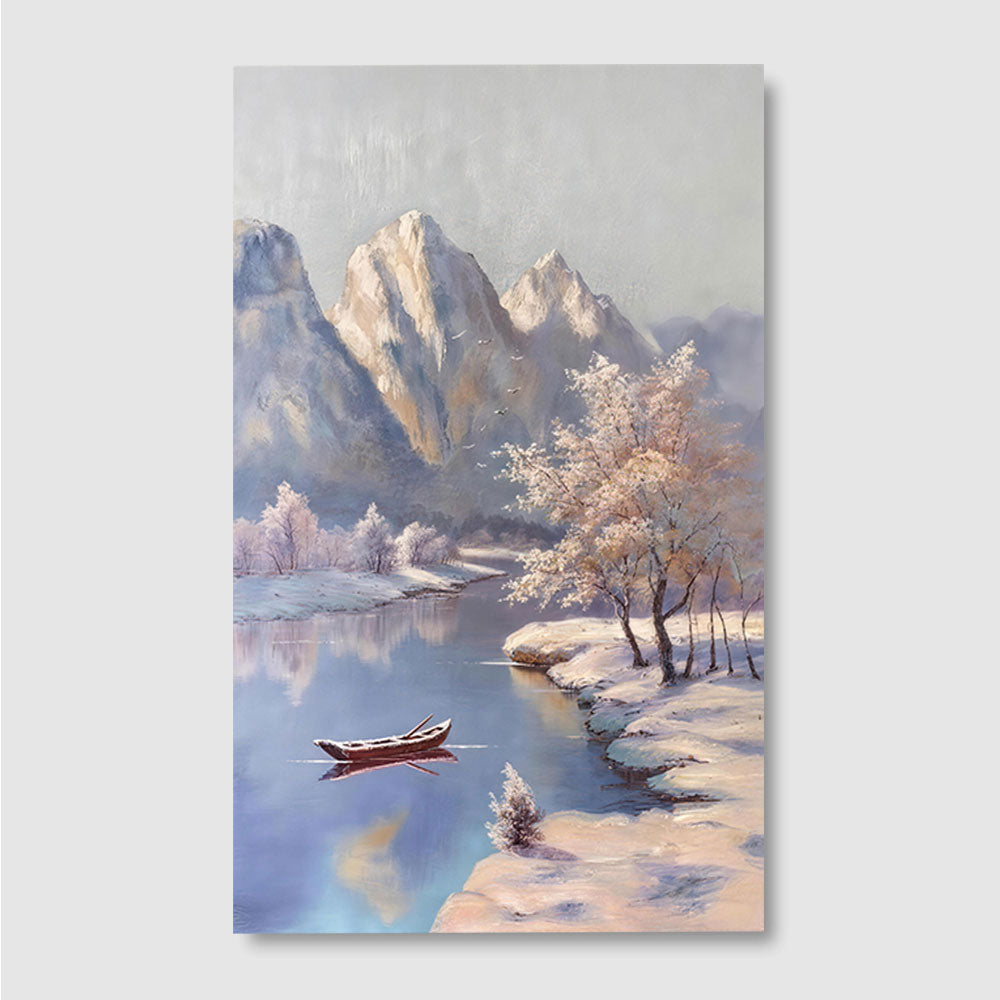 Winter Boat Beneath the Peaks canvas wall art, front product mockup on a light background.