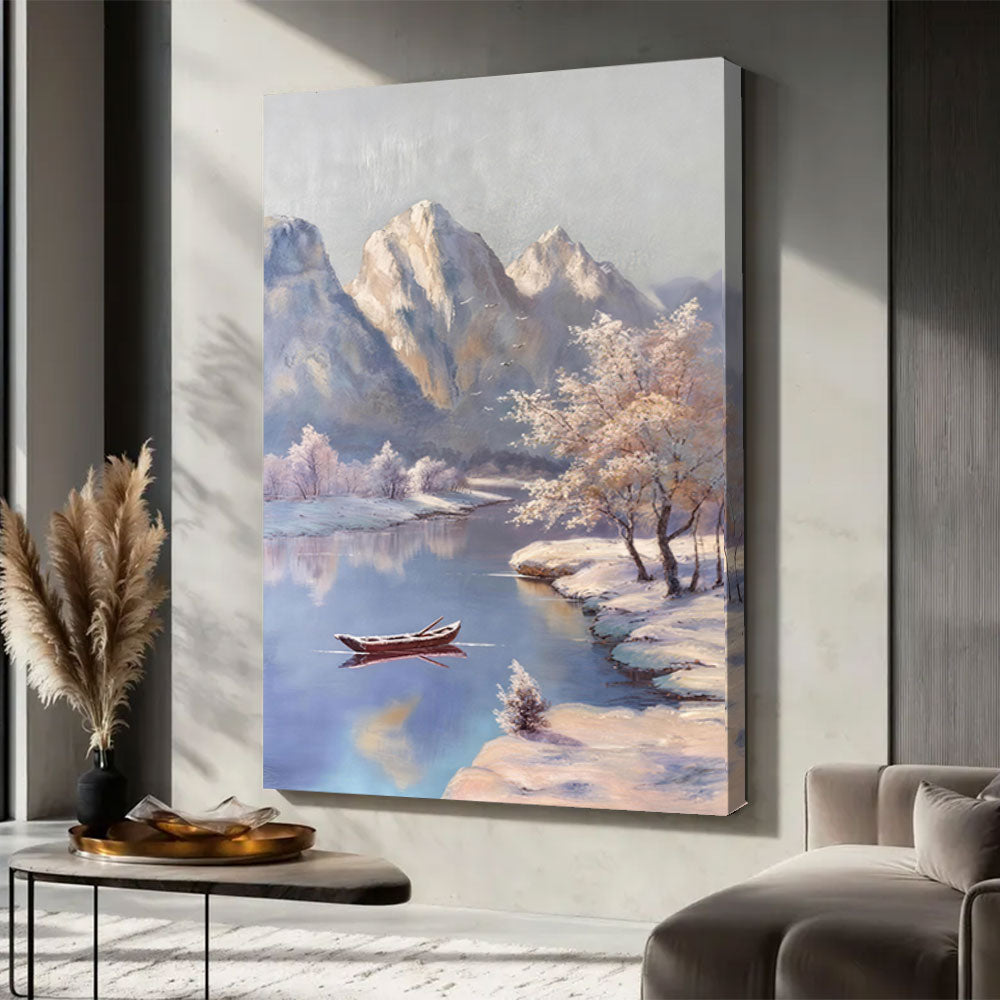 Winter Boat Beneath the Peaks canvas wall art, styled room mockup 1.
