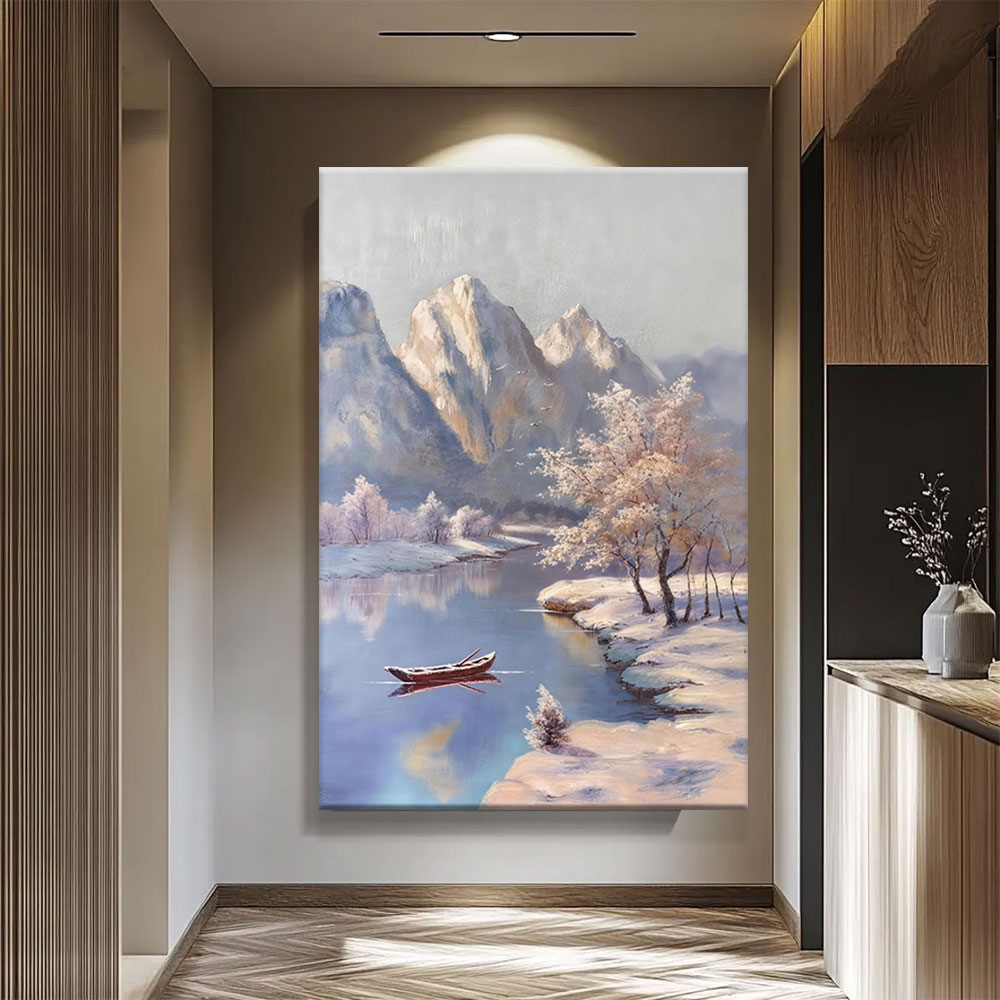 Winter Boat Beneath the Peaks canvas wall art, styled room mockup 2.