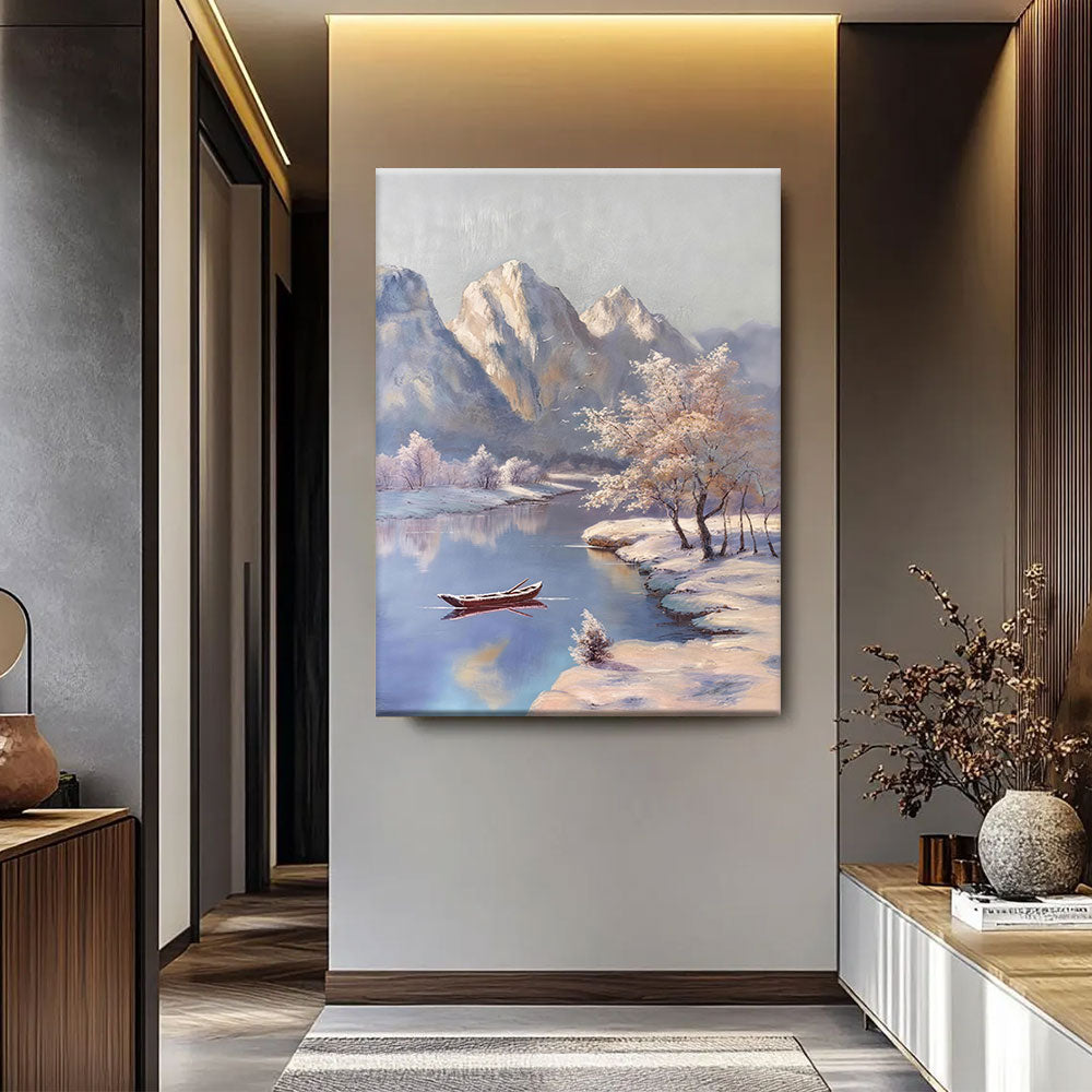 Winter Boat Beneath the Peaks canvas wall art, styled room mockup 4.