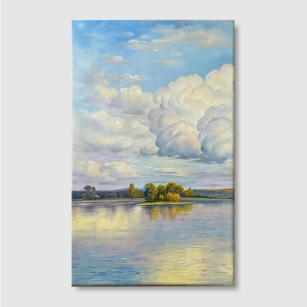 Quiet Lake and Summer Clouds canvas wall art, front product mockup on a light background.