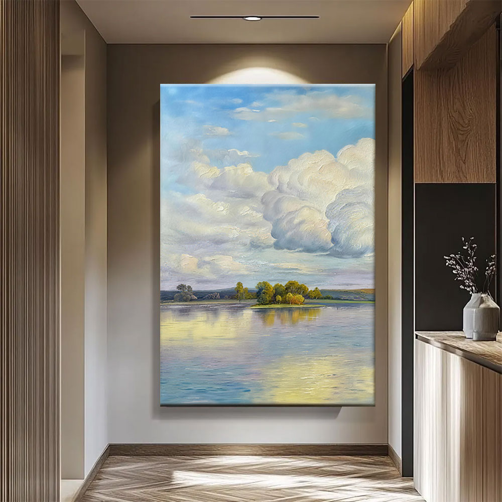 Quiet Lake and Summer Clouds canvas wall art, styled room mockup 2.