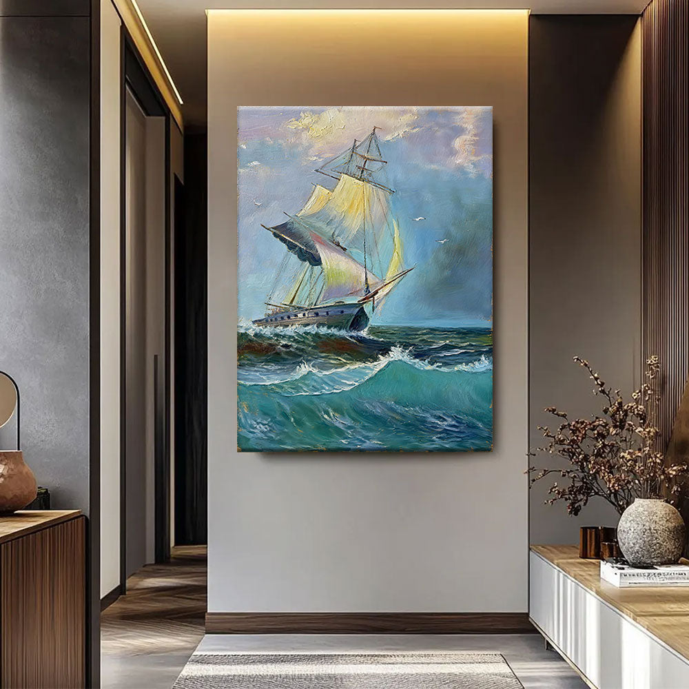 Sails in the Sea Breeze canvas wall art, styled room mockup 1.