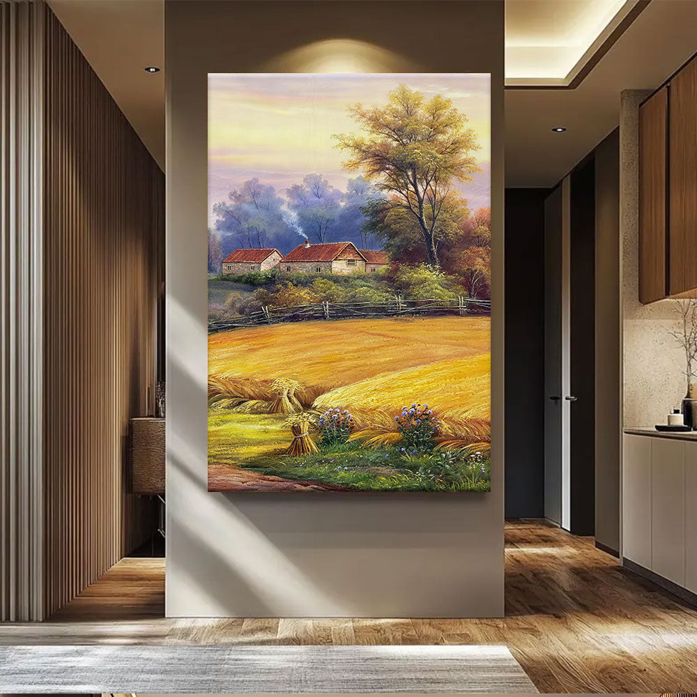 Harvest Field at Golden Hour canvas wall art, styled room mockup 1.