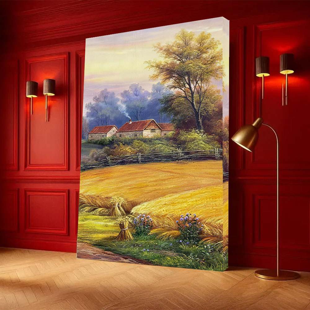 Harvest Field at Golden Hour canvas wall art, styled room mockup 2.