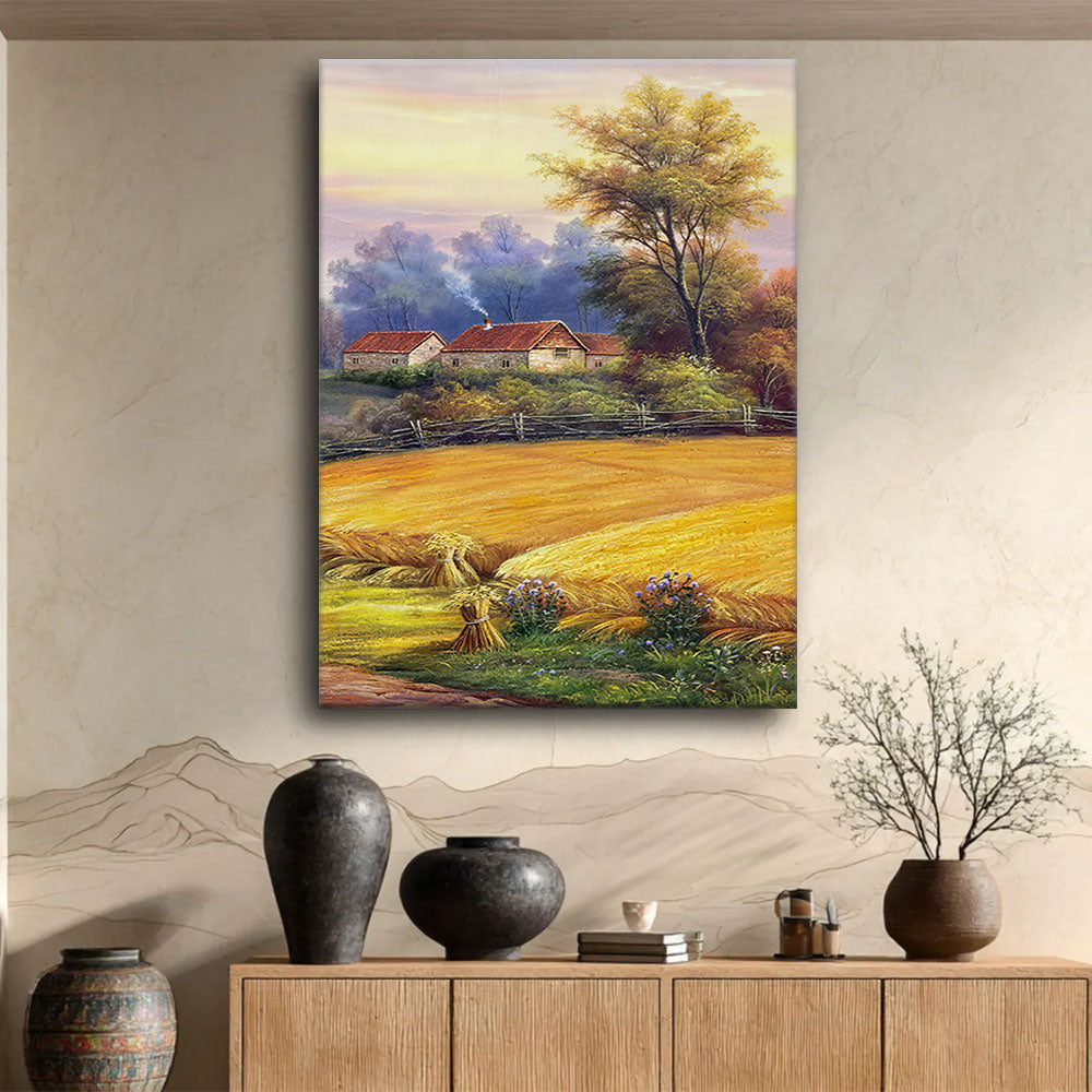 Harvest Field at Golden Hour canvas wall art, styled room mockup 3.