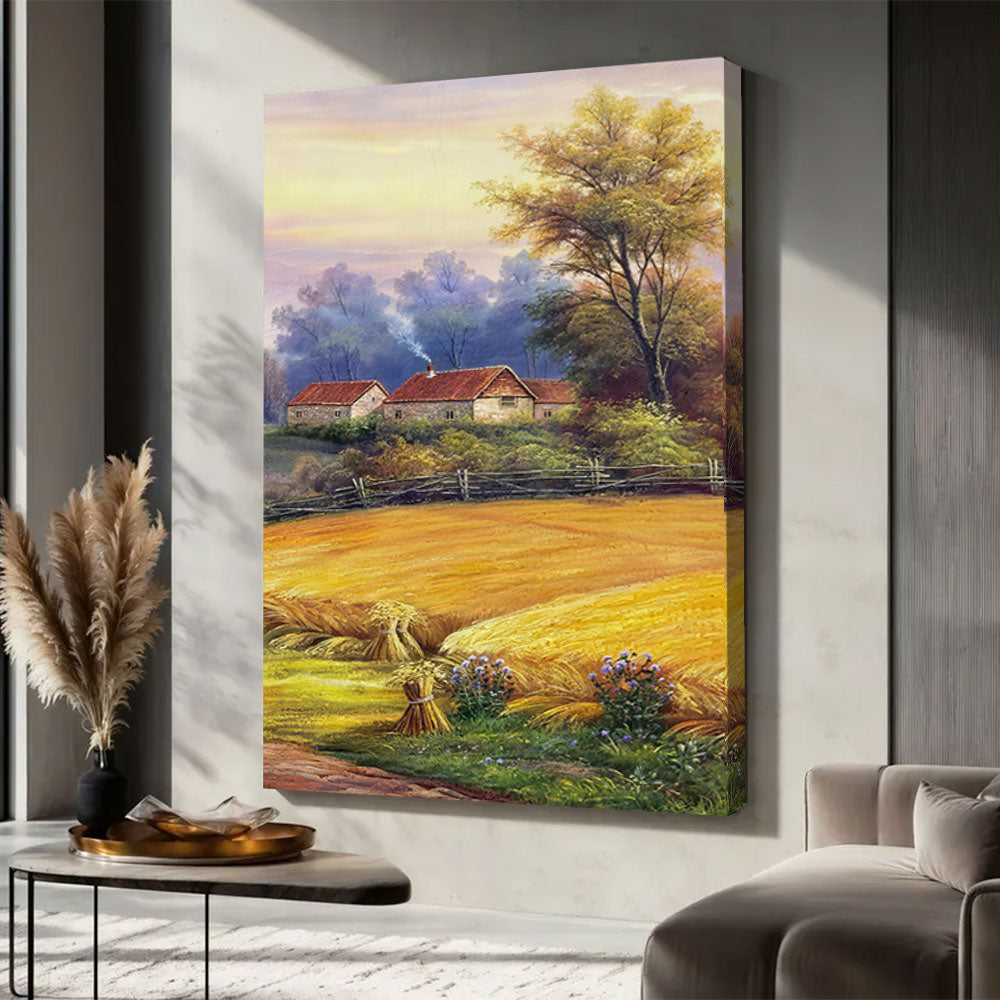 Harvest Field at Golden Hour canvas wall art, styled room mockup 4.