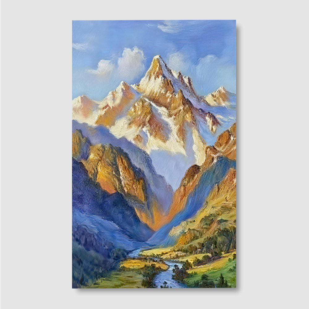 Sunlit Alpine Peaks canvas wall art, front product mockup on a light background.