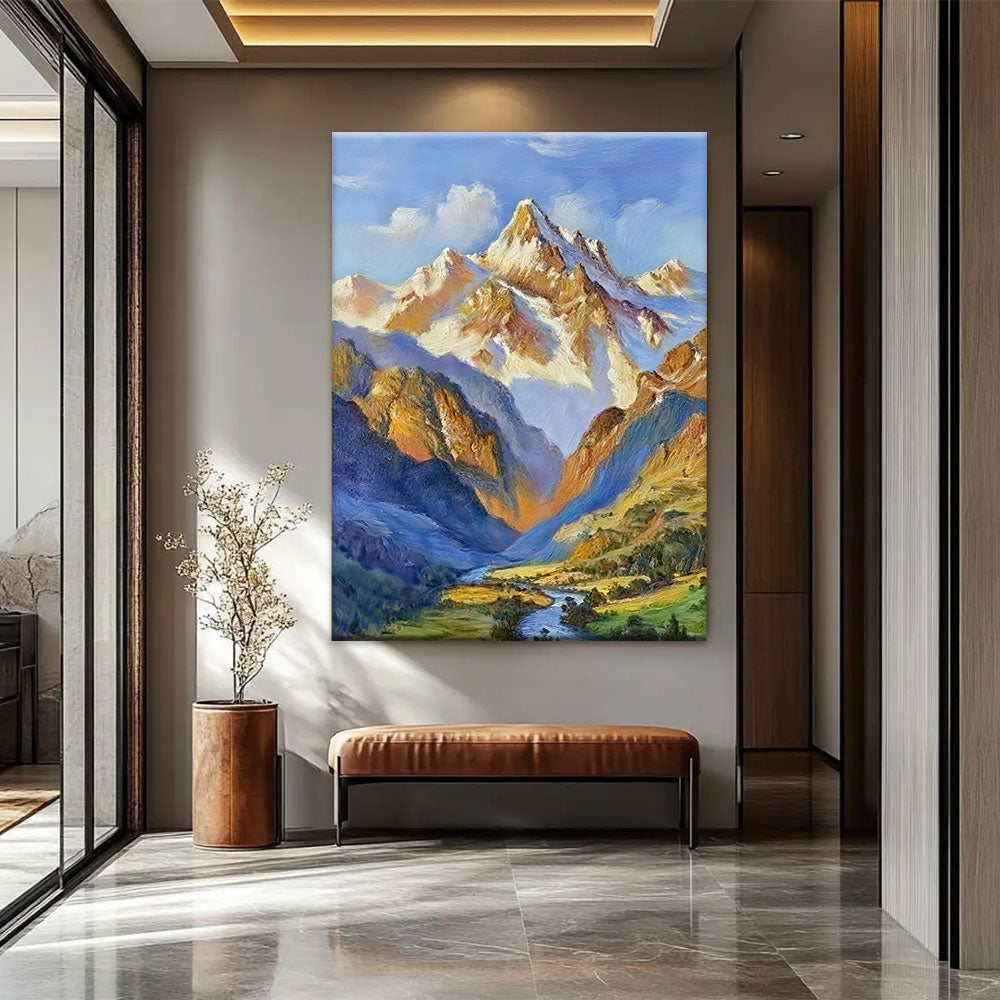 Sunlit Alpine Peaks canvas wall art, styled room mockup 1.