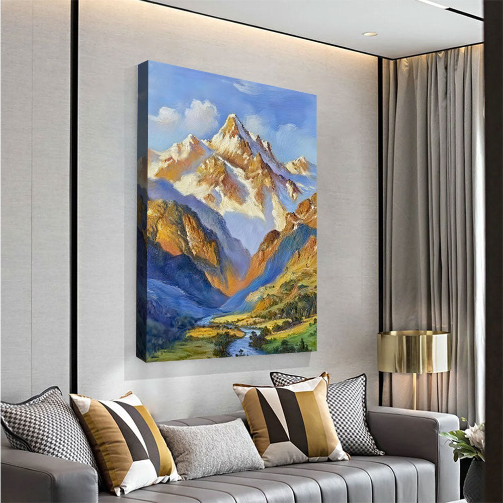 Sunlit Alpine Peaks canvas wall art, styled room mockup 2.