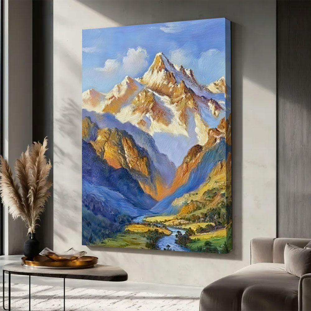Sunlit Alpine Peaks canvas wall art, styled room mockup 3.