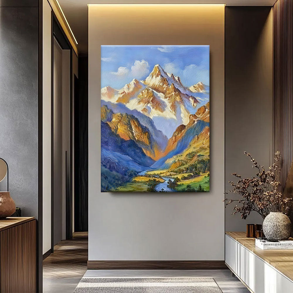 Sunlit Alpine Peaks canvas wall art, styled room mockup 4.
