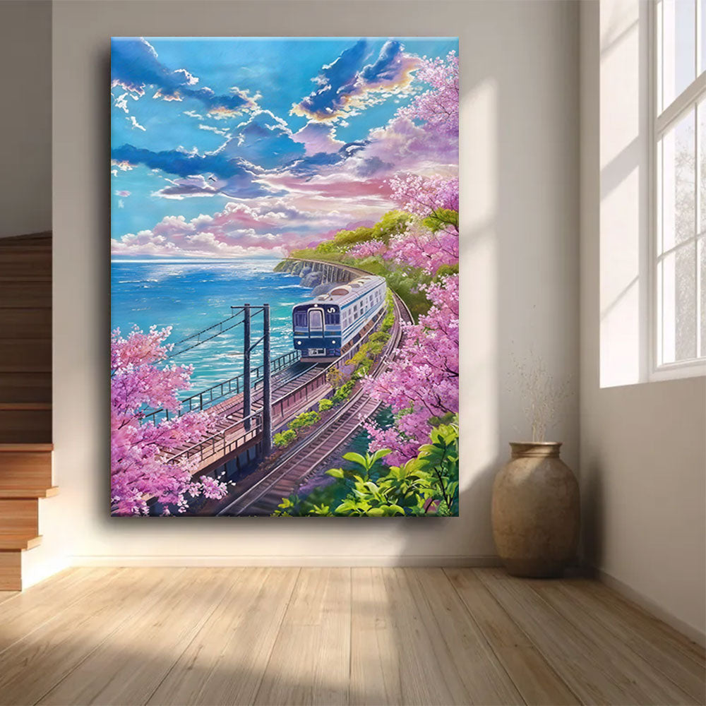 Coastal Railway in Bloom canvas wall art, styled room mockup 1.