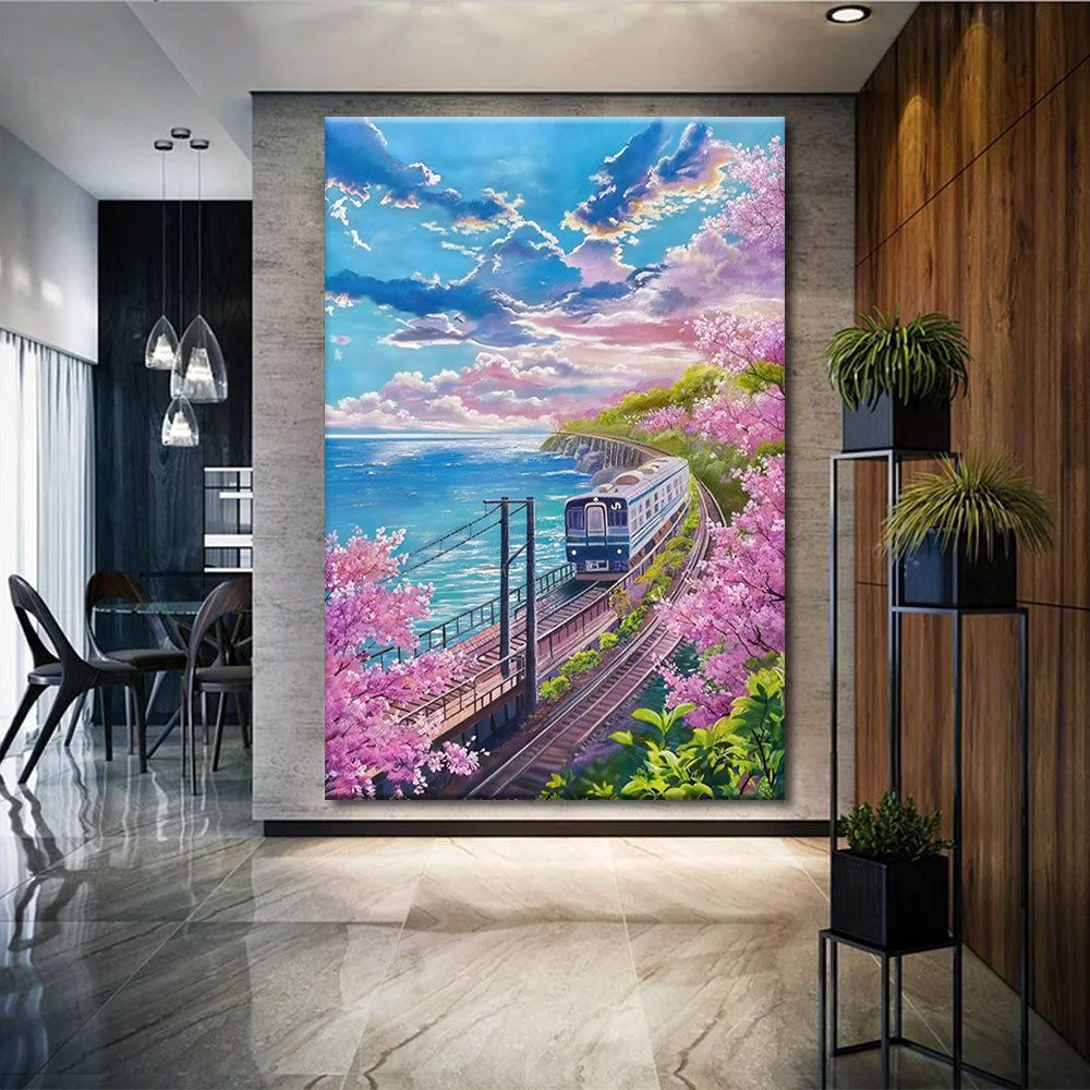 Coastal Railway in Bloom canvas wall art, styled room mockup 2.