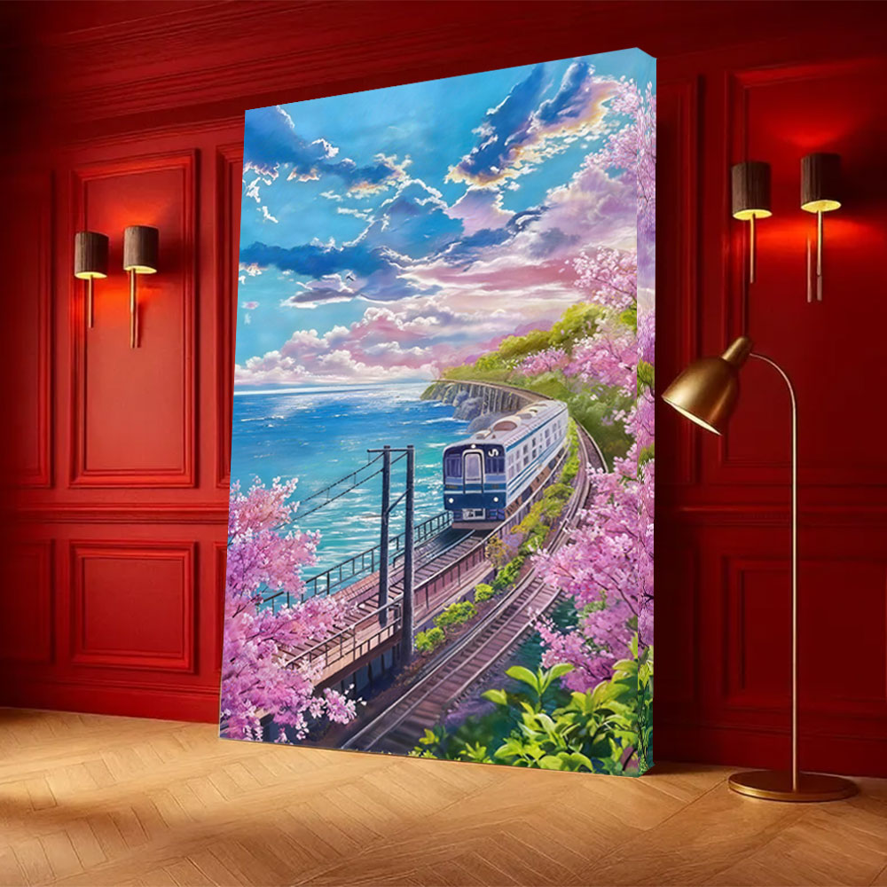 Coastal Railway in Bloom canvas wall art, styled room mockup 3.