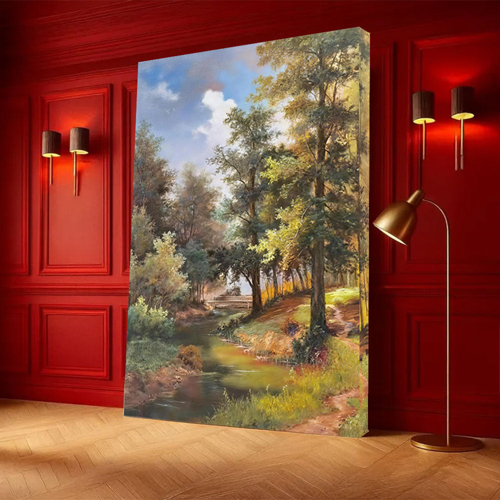 Light Along the Woodland Stream canvas wall art, styled room mockup 1.