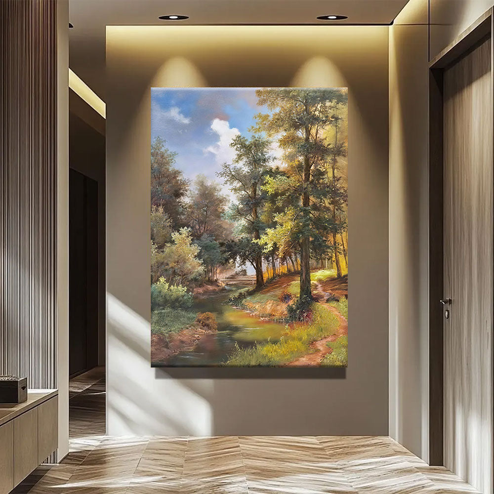 Light Along the Woodland Stream canvas wall art, styled room mockup 3.