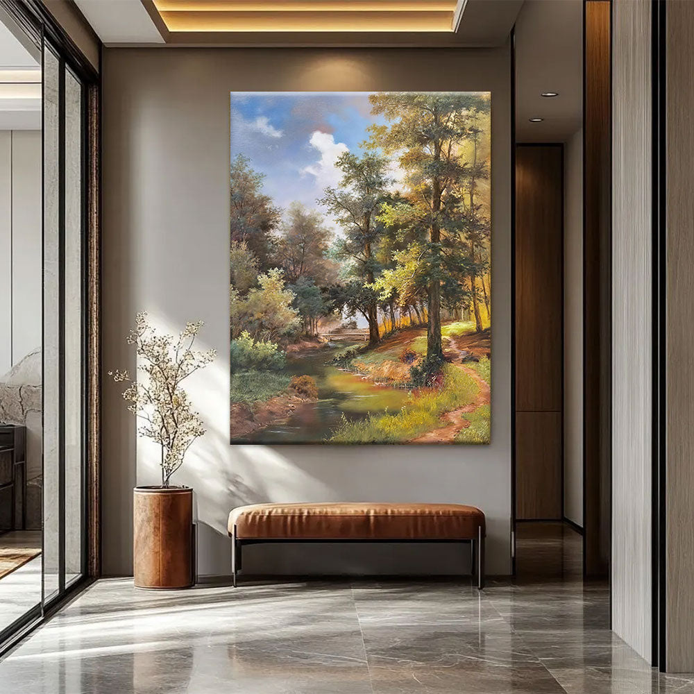 Light Along the Woodland Stream canvas wall art, styled room mockup 4.