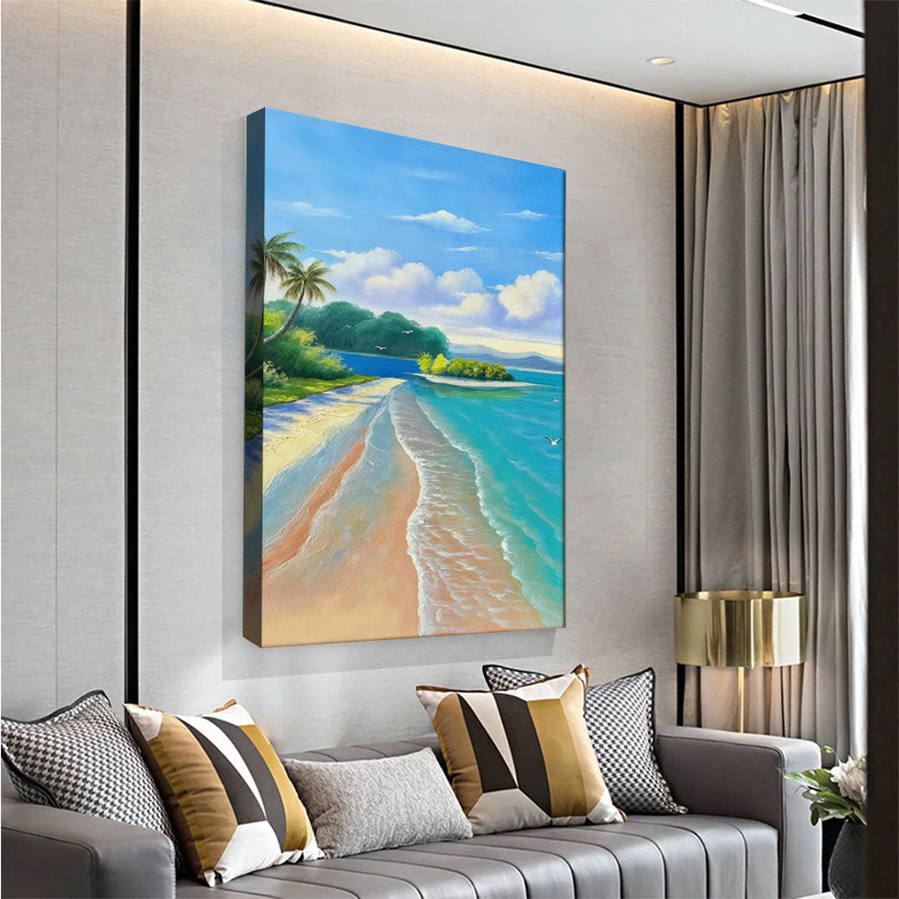 Turquoise Tropical Shore canvas wall art, styled room mockup 2.