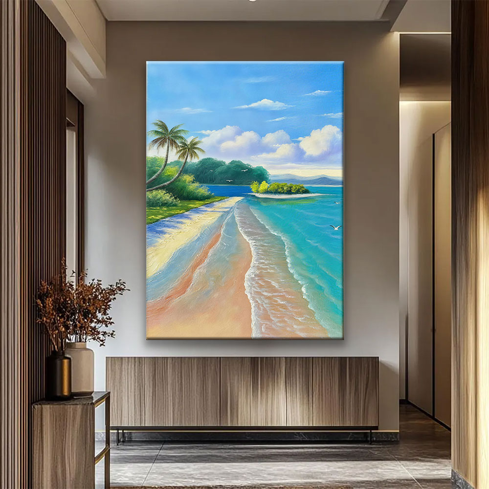 Turquoise Tropical Shore canvas wall art, styled room mockup 3.
