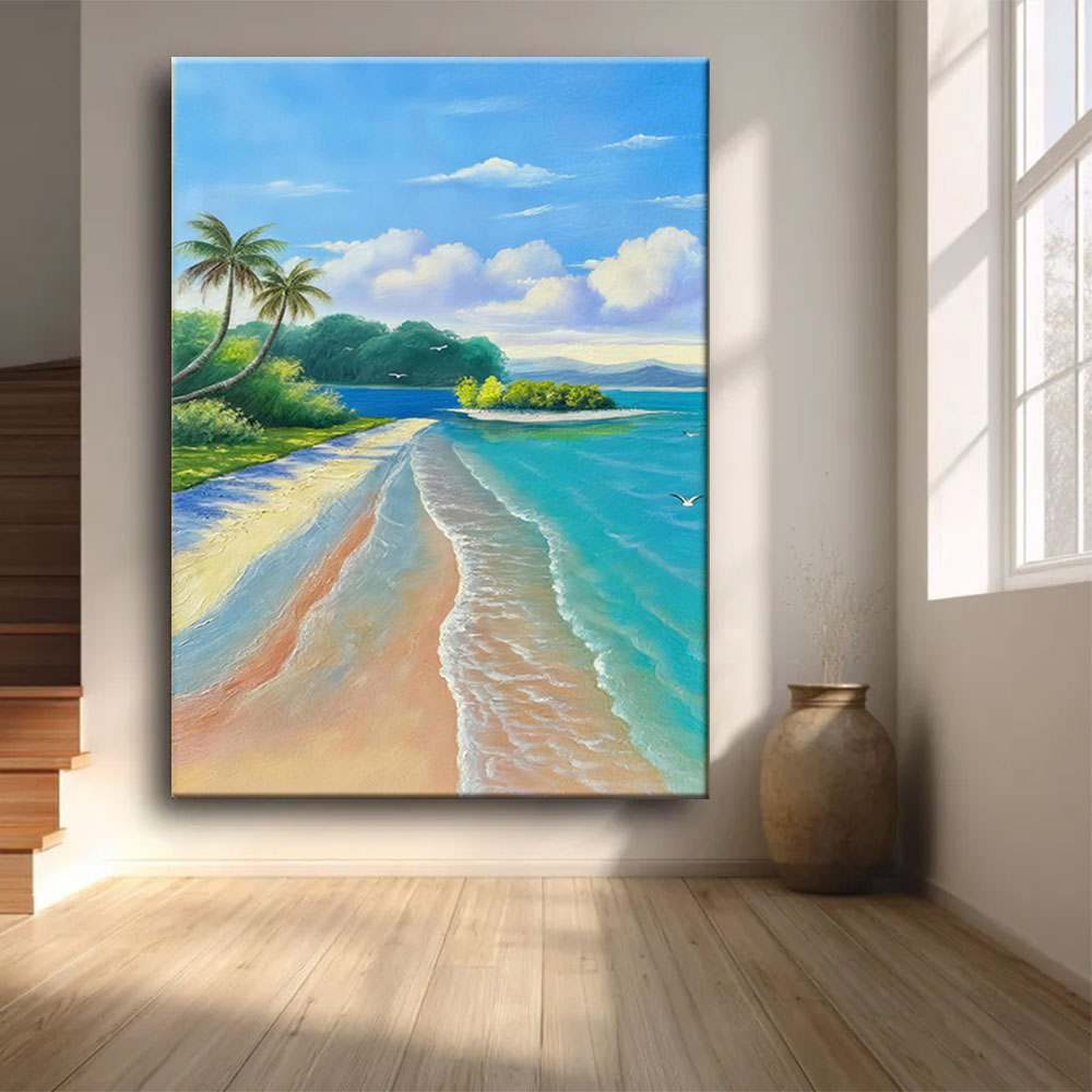 Turquoise Tropical Shore canvas wall art, styled room mockup 4.