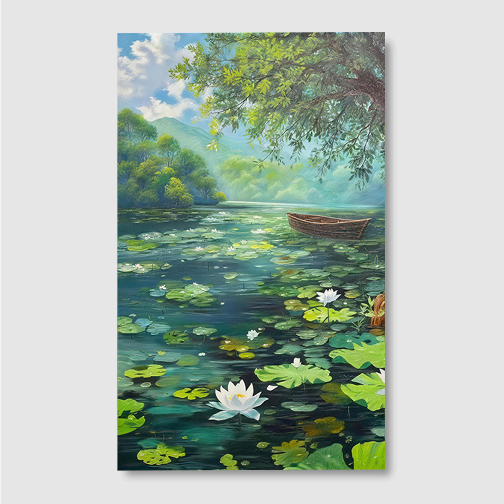 Water Lilies and a Small Boat canvas wall art, front product mockup on a light background.