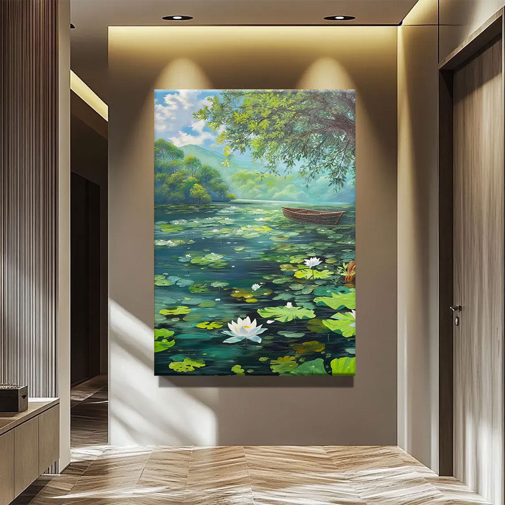 Water Lilies and a Small Boat canvas wall art, styled room mockup 1.