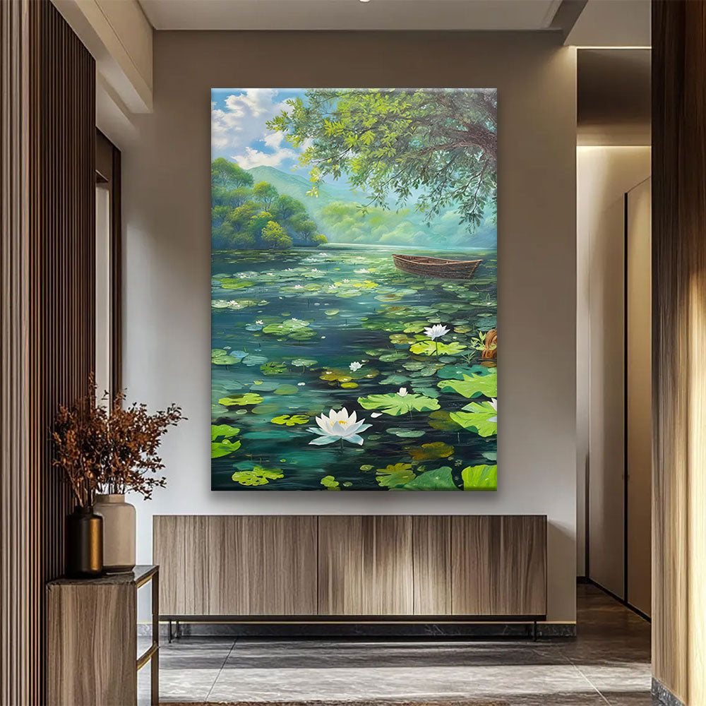 Water Lilies and a Small Boat canvas wall art, styled room mockup 2.
