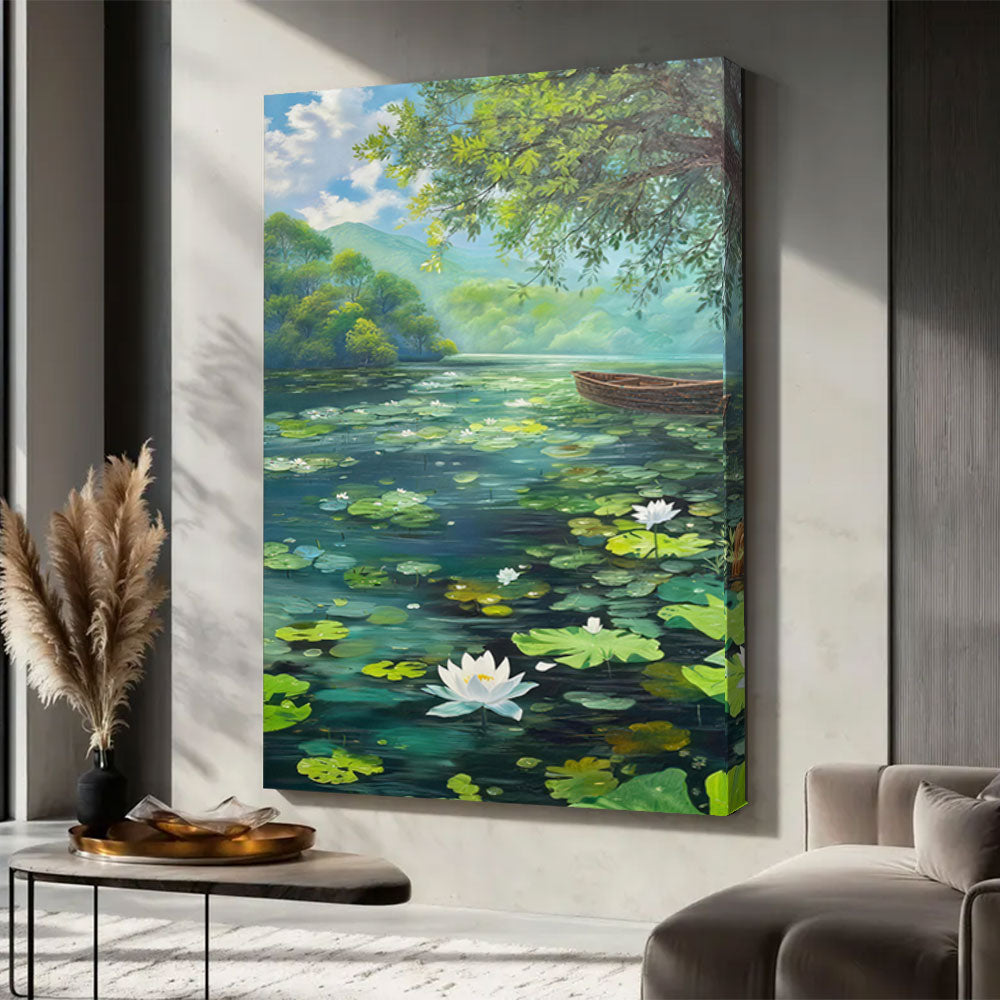 Water Lilies and a Small Boat canvas wall art, styled room mockup 3.