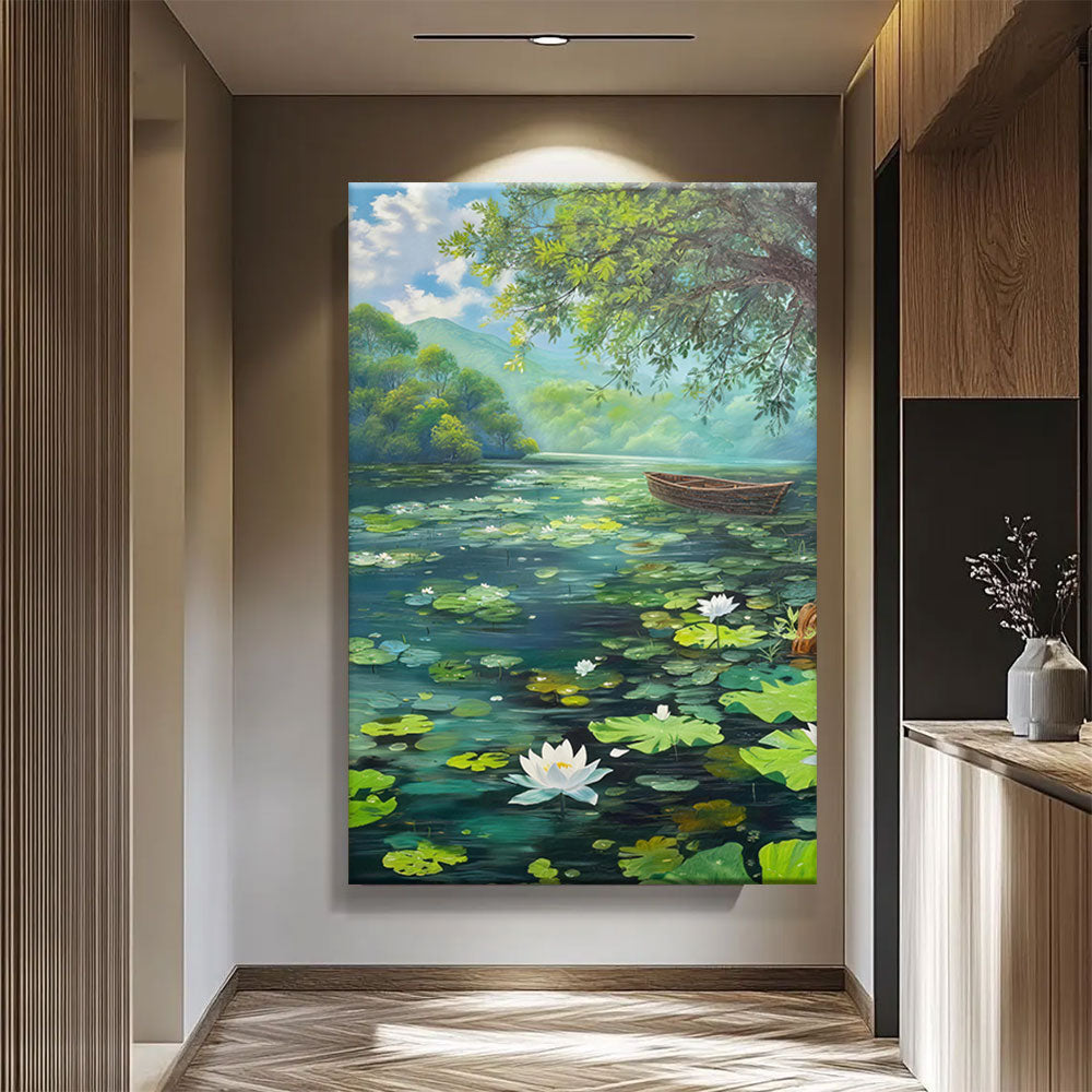Water Lilies and a Small Boat canvas wall art, styled room mockup 4.