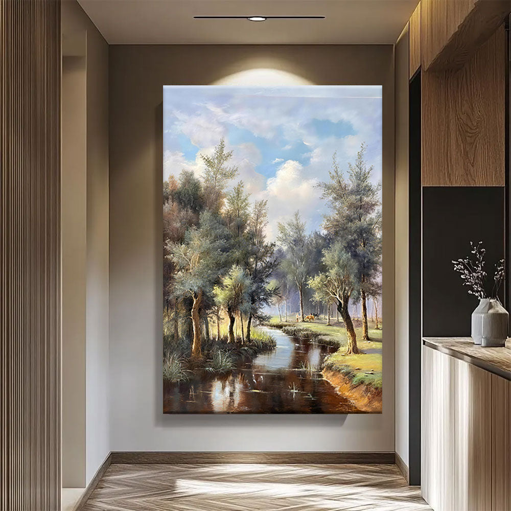 Country Stream Under Blue Sky canvas wall art, styled room mockup 2.