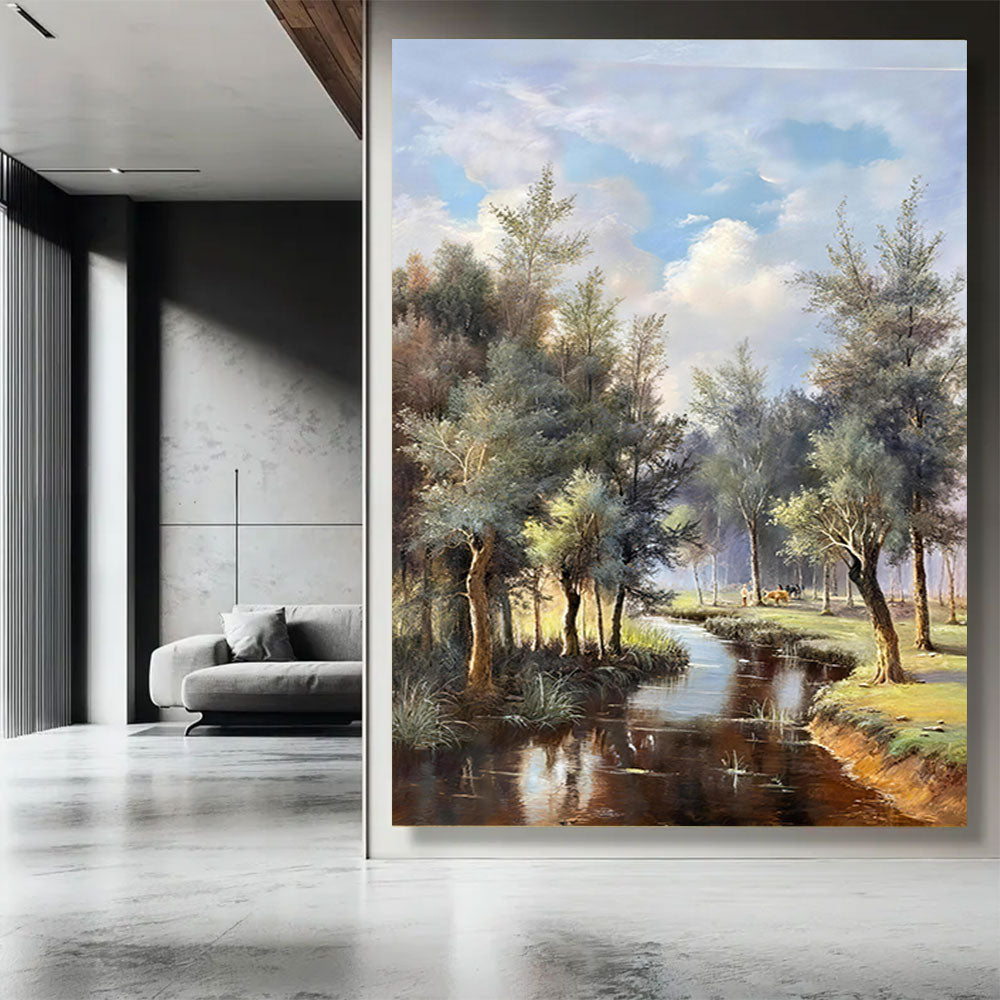 Country Stream Under Blue Sky canvas wall art, styled room mockup 4.