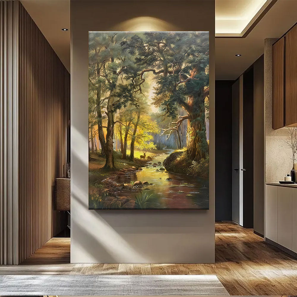 Golden Woodland Clearing canvas wall art, styled room mockup 2.