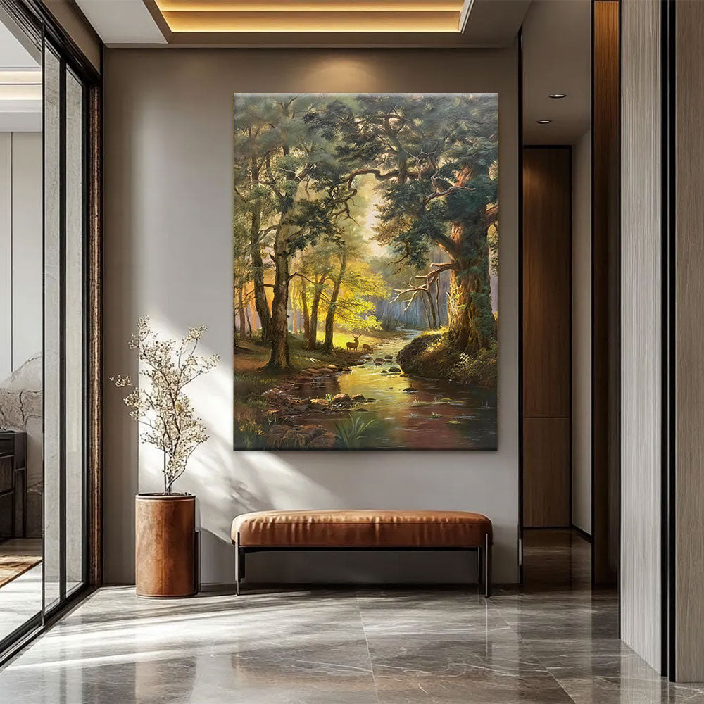 Golden Woodland Clearing canvas wall art, styled room mockup 4.