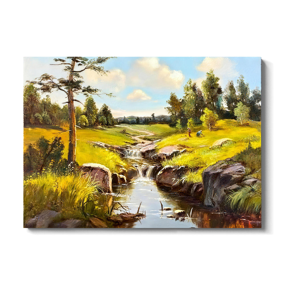 Stream Through the Summer Meadow canvas wall art, front product mockup on a light background.