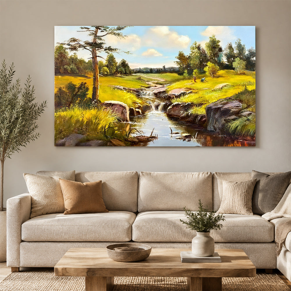 Stream Through the Summer Meadow canvas wall art, styled room mockup 1.