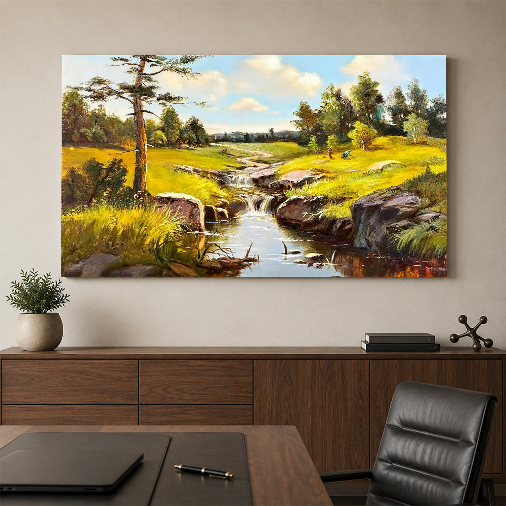 Stream Through the Summer Meadow canvas wall art, styled room mockup 2.