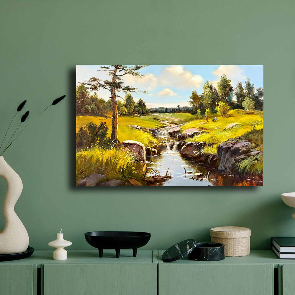 Stream Through the Summer Meadow canvas wall art, styled room mockup 3.