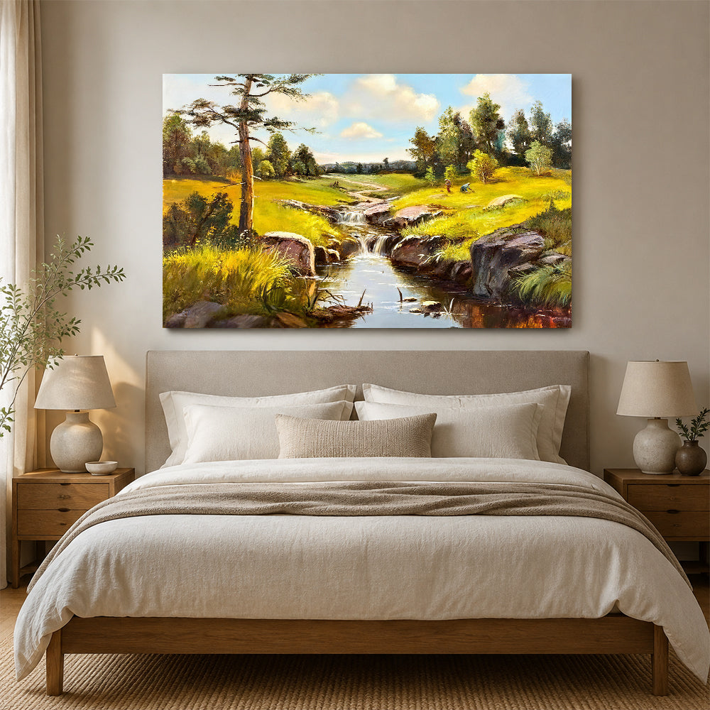 Stream Through the Summer Meadow canvas wall art, styled room mockup 4.