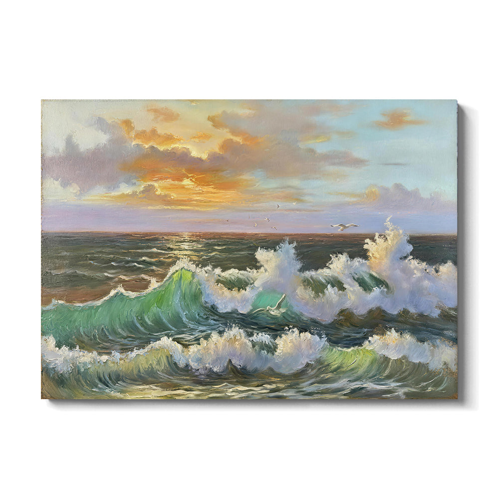 Rolling Waves at Sundown canvas wall art, front product mockup on a light background.