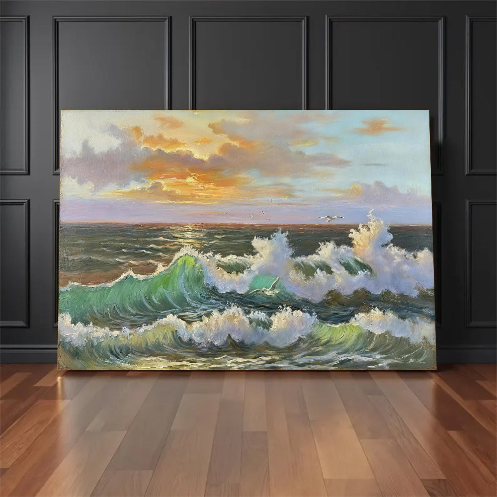 Rolling Waves at Sundown canvas wall art, styled room mockup 1.