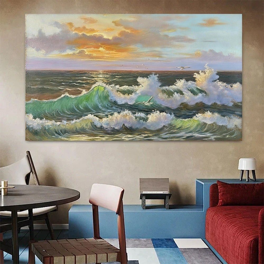 Rolling Waves at Sundown canvas wall art, styled room mockup 3.