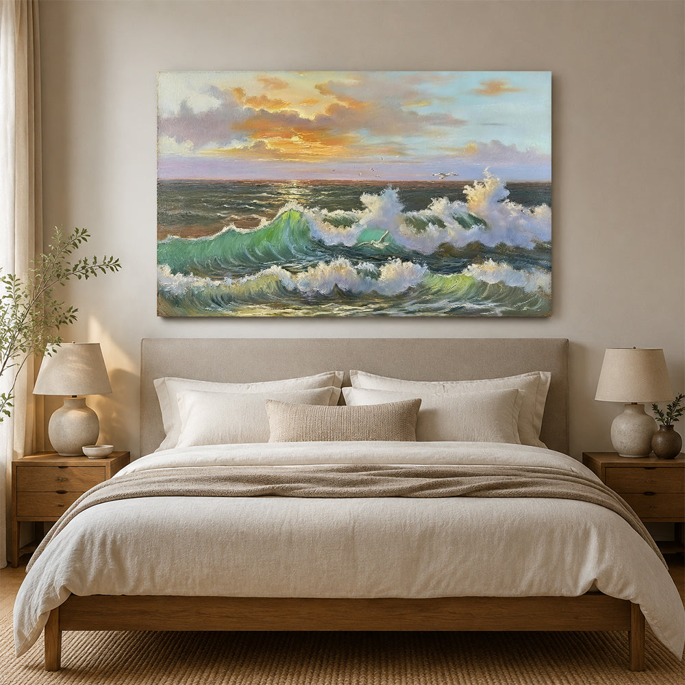 Rolling Waves at Sundown canvas wall art, styled room mockup 4.